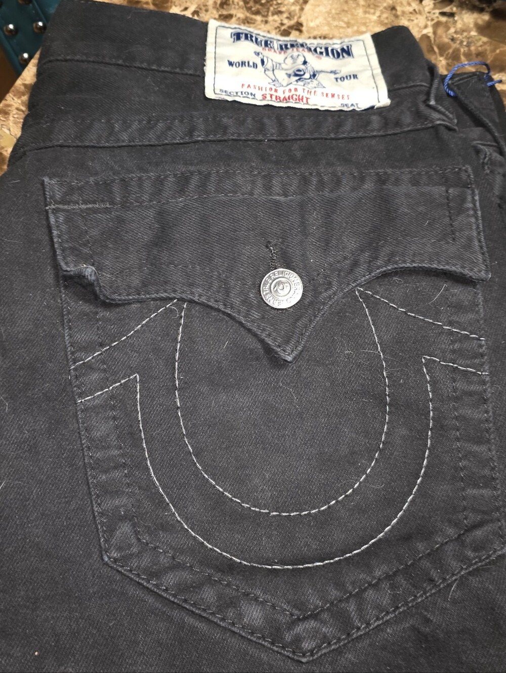 MEXICO True Religion Men's Black JEANS WHITE STITCHED SIZE 34X34 MADE IN NICE! - Picture 3 of 13